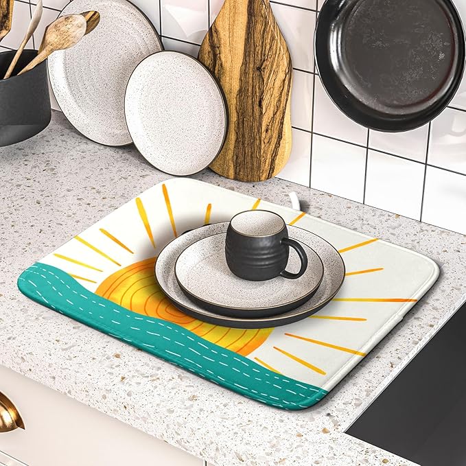 Summer Seaside Sunset over Sea Dish Drying Mat for Kitchen Counter,Hello Sunshine Drying Mat 16 x 18 Inch with Absorbent Reversible Microfiber Drying Pad for Coffee Bar - Image 5