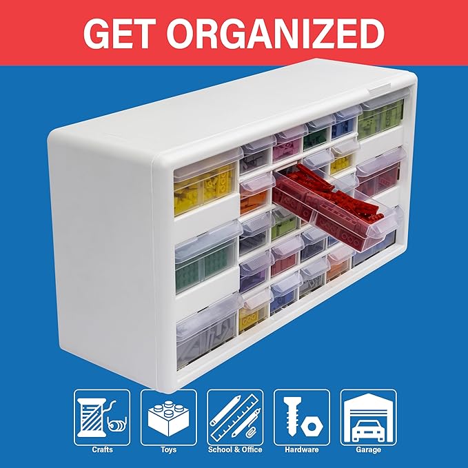 Akro-Mils 26-Drawer Plastic Drawer Storage Cabinet for Garage Organization, Bead Organizer, Building Bricks Storage, Teacher Toolbox, Makeup Organizer, 20" W x 6" D x 10" H, 10124 White - Image 3