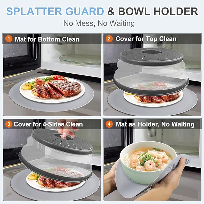 Pack 2, LekDrok Microwave Food Cover with Mat 12 Inch, Mat as Bowl Holder, Cover for Splatter Guard, Collapsible Lid for Plate, Multi-Use Silicone Mat & Kitchen Colander Gadget for Meal Prep, Charcoal - Image 3