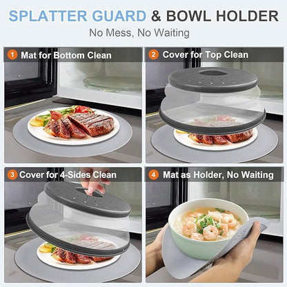 Pack 2, LekDrok Microwave Food Cover with Mat 12 Inch, Mat as Bowl Holder, Cover for Splatter Guard, Collapsible Lid for Plate, Multi-Use Silicone Mat & Kitchen Colander Gadget for Meal Prep, Charcoal - Image 3