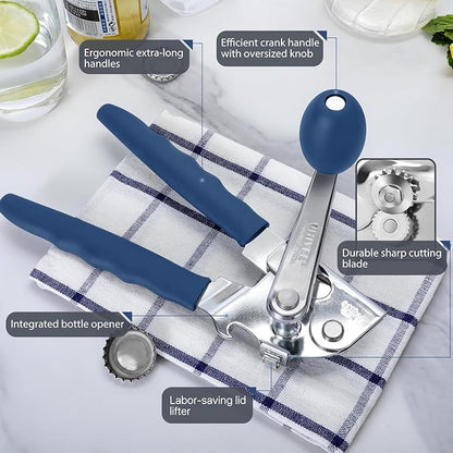 Commercial Can Opener, UHIYEE Hand Crank Can Opener Manual Heavy Duty with Comfortable Extra-long Handles, Oversized Knob, Large Handheld Can Open Easy for Big Cans, Blue - Image 2