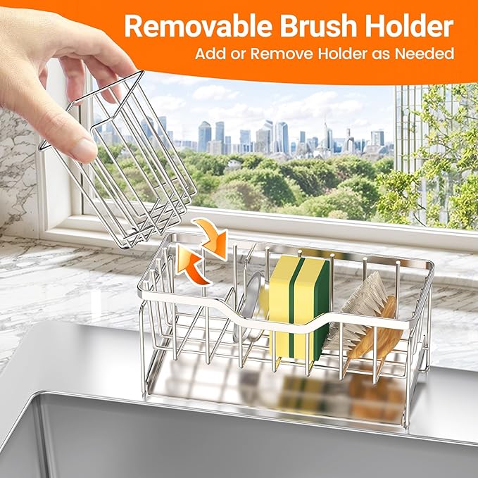 StorageRight Kitchen Sink Caddy Organizer, Rustproof Sponge Holder for Kitchen Sink, Instant Dry High Brush Holders with Drain Tray, Anti-Slip Sink Storage Organization Essentials, Silver - Image 6