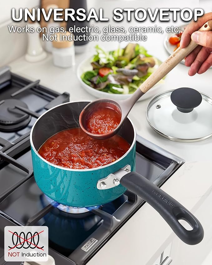 Cook N Home Non Stick Sauce Pan, 2 Quarts Saucepan with Glass Lid, Nonstick Small Multi-purpose Pot, Milk Chocolate Aluminum Cooking Pot Pan with Stay-Cool Handle, Turquoise - Image 2