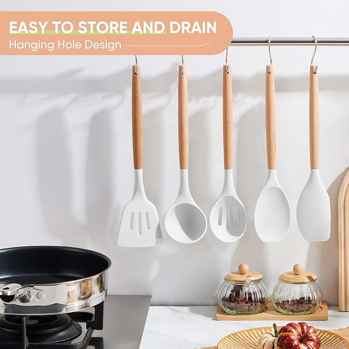 Herogo 5-Piece Cooking Utensils Set, Silicone Kitchen Utensils Set with Wooden Handle, Heat Resistant Cooking Tools Slotted Turner, Spoon, Soup Ladle, Spatula, Spoonula for Nonstick Cookware, White - Image 6