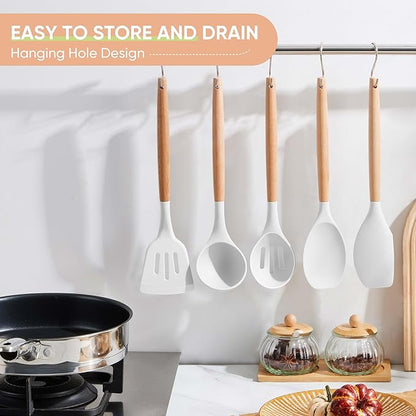 Herogo 5-Piece Cooking Utensils Set, Silicone Kitchen Utensils Set with Wooden Handle, Heat Resistant Cooking Tools Slotted Turner, Spoon, Soup Ladle, Spatula, Spoonula for Nonstick Cookware, White - Image 6