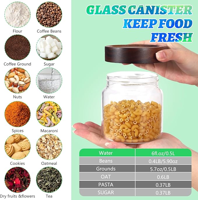 16 oz Glass Jars with Acacia Wood Airtight Lids Spice Jar Herb Storage Canister with Wooden Lid Clear Glass Food Jar for Sugar Pantry Tea Coffee Bean Spice Cookies (500ml/16oz-2pack) - Image 3