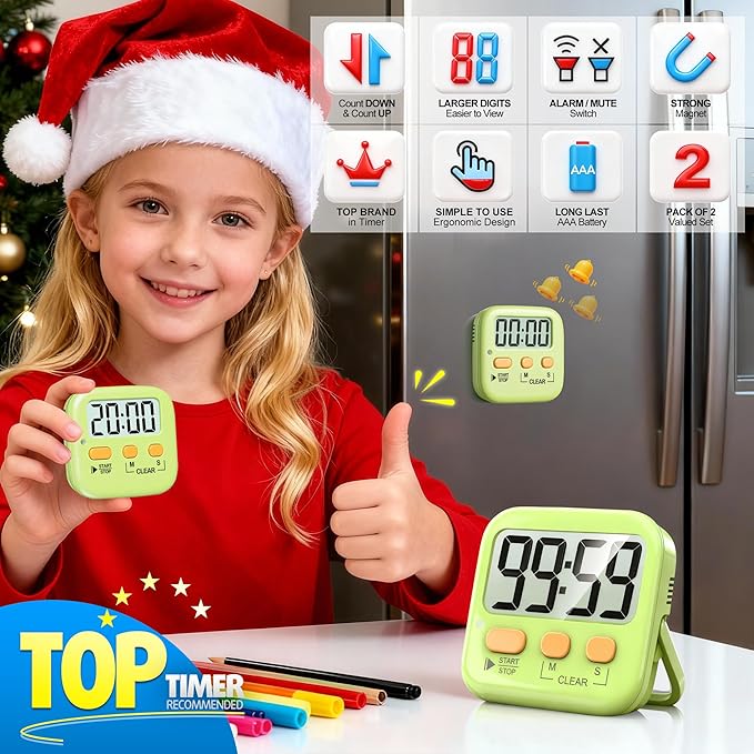 Antonki 2 Pack Digital Timer for Kids, Magnetic Countdown Kitchen Timers for Cooking, Egg, Classroom, Teacher, Exercise, Study, Oven - Battery Included - Image 3