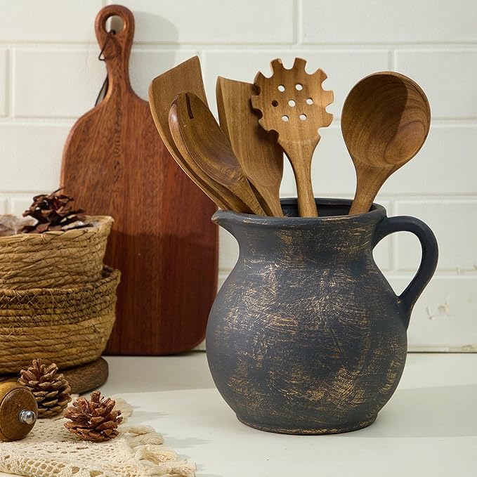 MIYUKI Rustic Kitchen Utensil Holder - 7.6 Inch Ceramic Utensil Crock for Countertop, Vintage Kitchen Counter Decor - Image 2