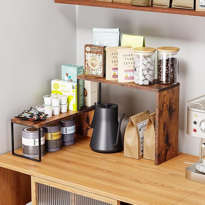 Kitchen Countertop Organizer, Spice Rack Cabinet Organizer Shelf Stackable Counter Corner Shelves Organization and Storage for Pantry, Counter top, Coffee Station Wood Rustic Brown - Image 5