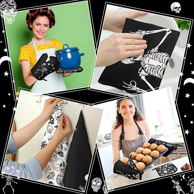 Leinuosen 8 Pcs Skull Kitchen Decor Set Kitchen Towels Gothic Oven Mitts and Pot Holders Skeleton Hand Dish Towels Horror Oven Mitts for Home Decoration Party Gifts (Black and White,Skeleton) - Image 6