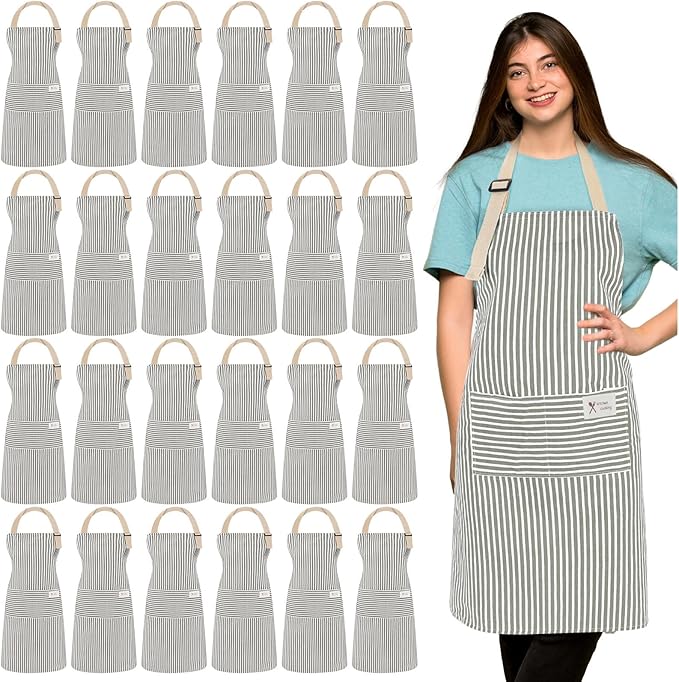 Janmercy 24 Pcs Aprons for Women Men with 2 Pockets Linen Cooking Kitchen Apron Adjustable Bib Chef Apron Bulk Aprons Unisex