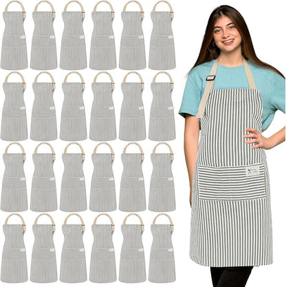 Janmercy 24 Pcs Aprons for Women Men with 2 Pockets Linen Cooking Kitchen Apron Adjustable Bib Chef Apron Bulk Aprons Unisex
