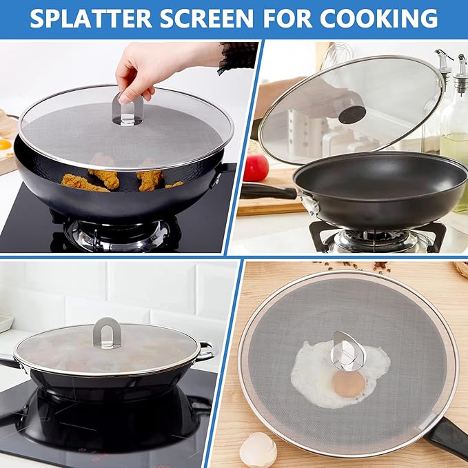 Splatter Screen for Kitchen, Stainless Steel Fine Mesh Splatter Screen for Frying Pan, 10, 13 Inch Grease Splatter Guard with Fold Flat Knob - Image 5