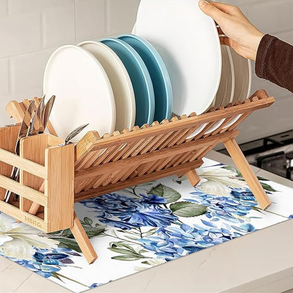 Blue Hydrangea Flowers Dish Drying Mat,Bird Drying Rack Pad Countertop Dishes Ultra Absorbent Microfiber Kitchen Counter Mat for Coffee Countertop Decor 18x24 Inch
