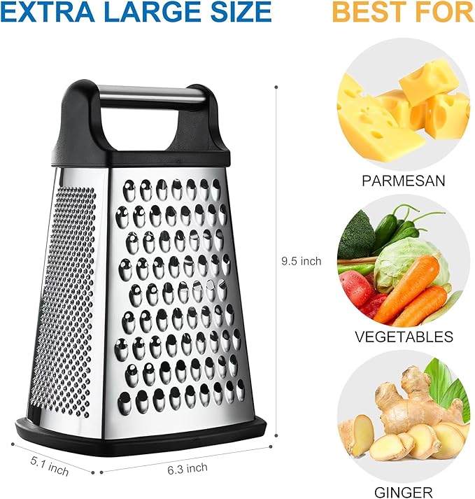 Professional Cheese Grater - Stainless Steel, XL Size, 4 Sides - Perfect Box Grater for Parmesan Cheese, Vegetables, Ginger - Dishwasher Safe - Black - Image 3