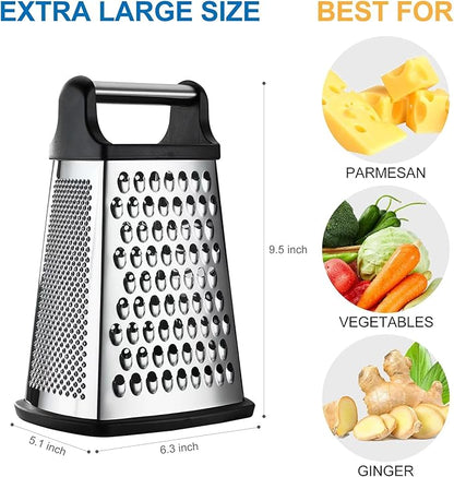 Professional Cheese Grater - Stainless Steel, XL Size, 4 Sides - Perfect Box Grater for Parmesan Cheese, Vegetables, Ginger - Dishwasher Safe - Black - Image 3