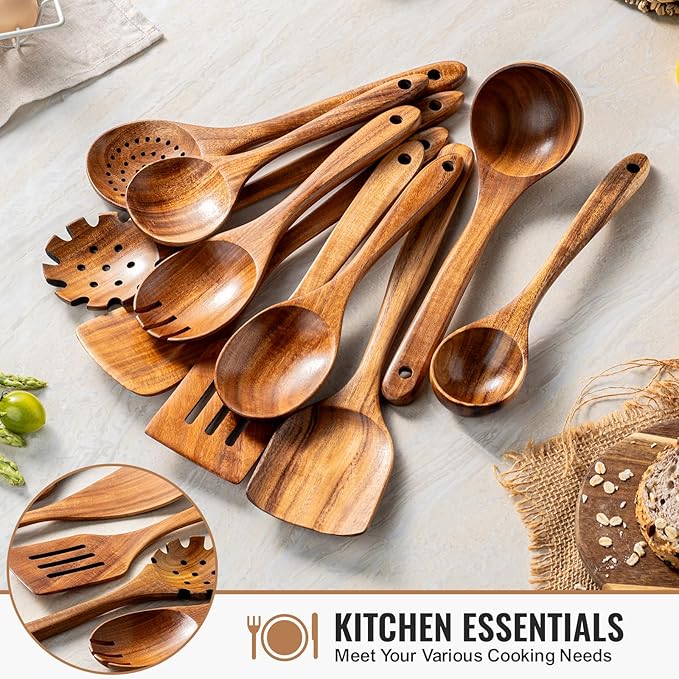Terlulu 10 Pcs Wooden Spoons for Cooking, Natural Teak Wooden Kitchen Utensils Set, Durable Cooking Utensils Set with Comfort Grip for Cookware, Smooth Finish&NonStick& Heat Resistant Wooden Spatula - Image 3