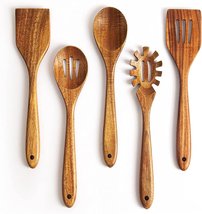 KITEISCAT Acacia Wooden Spoons for Cooking: 5-Piece Kitchen & Cooking Utensils Set - Wooden Spatula, Slotted & Pasta Spoon - Essential Wooden Utensil Set by KITEISCAT