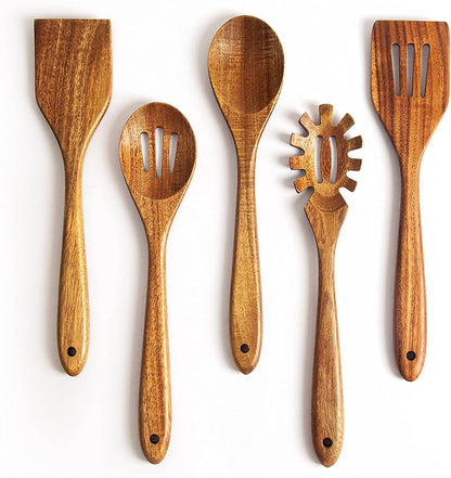 KITEISCAT Acacia Wooden Spoons for Cooking: 5-Piece Kitchen & Cooking Utensils Set - Wooden Spatula, Slotted & Pasta Spoon - Essential Wooden Utensil Set by KITEISCAT