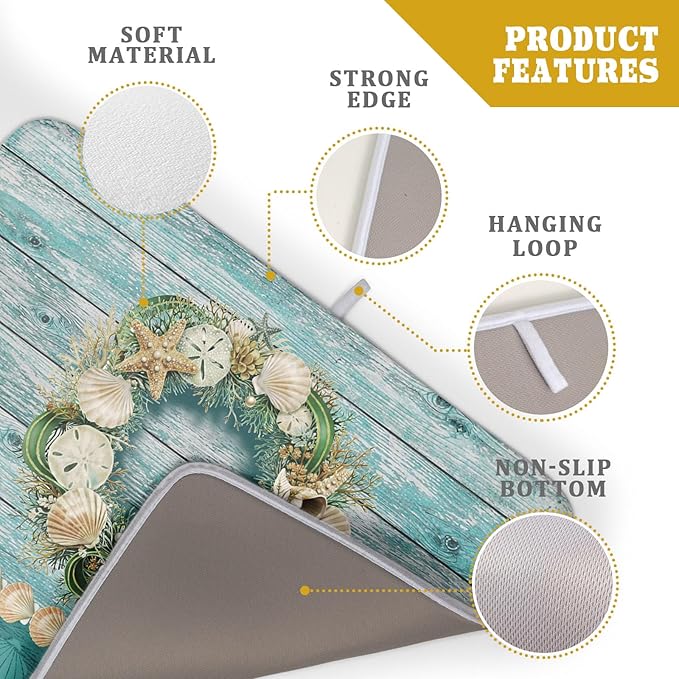 Hello Summer Dish Drying Mat for Kitchen Counter,Sea Shell Starfish Coastal Wreath Drying Mat 18 x 24 Inch with Absorbent Reversible Microfiber Drying Pad for Coffee Bar - Image 4