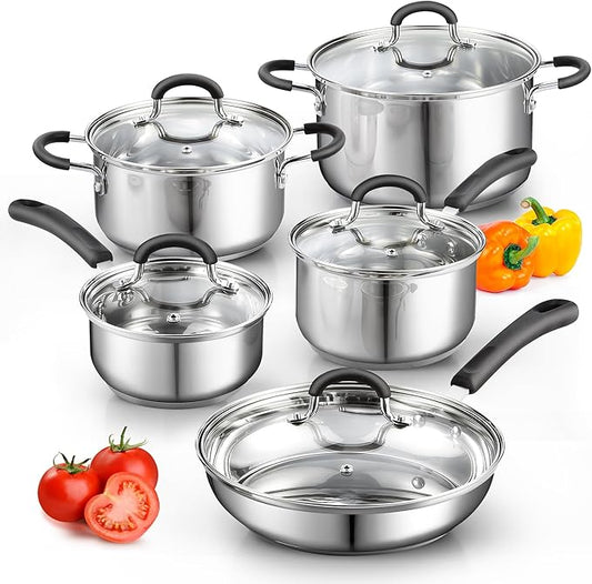 Cook N Home Stainless Steel Cookware Sets 10-Piece, Pots and Pans Kitchen Cooking Set with Stay-Cool Handles, Dishwasher Safe, Silver by CookNHome