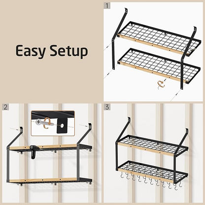 KES 132lb Heavy Duty Hanging Pot Rack Wall Mounted, 34 Inch Solid Wood Pot Rack Wall Mounted with 20 Sturdy Hooks, 2-Tier Wooden Pots Hanger Organizer Matte Black, KUR529S85B-BK