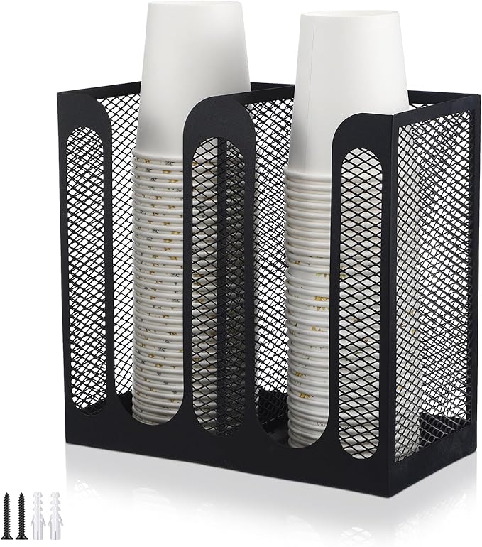 Maxcheck Metal Mesh Cup and Lid Holder Coffee Paper Cup Dispenser Lid Holder Storage Organizer Countertop or Wall Mount for Coffee Bar, Kitchen, Breakroom(2 Compartments, 8.2 x 4.1 x 7.9 Inch)