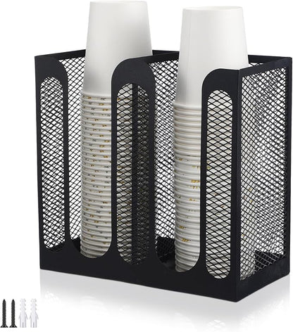 Maxcheck Metal Mesh Cup and Lid Holder Coffee Paper Cup Dispenser Lid Holder Storage Organizer Countertop or Wall Mount for Coffee Bar, Kitchen, Breakroom(2 Compartments, 8.2 x 4.1 x 7.9 Inch)