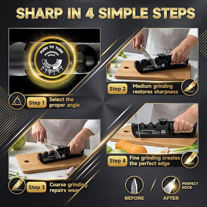 Knife Sharpener, 4-in-1 with Non-Slip Base and Adjustable Angle Guide, Perfect for Fruit Knives, Steel Knives & Scissors, Repair, Restore & Polish Blade (Black)