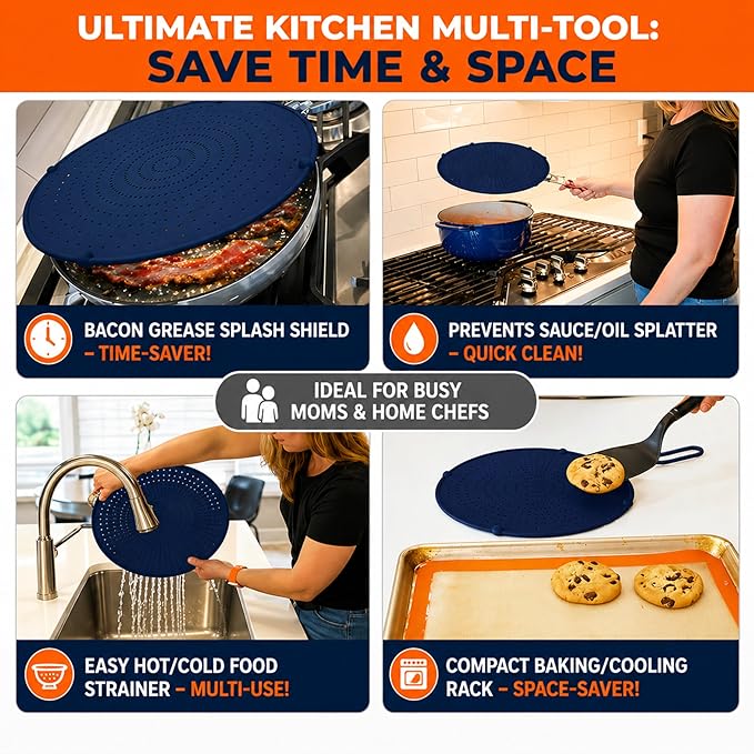 Silicone Splatter Screen for Frying Pan, 13” Navy – Grease & Oil Splatter Guard, Heat Resistant, Dishwasher Safe, Foldable Handle with Sleeves – Splash Guard Fits 10–12” Pans, Most 13” Skillets - Image 4