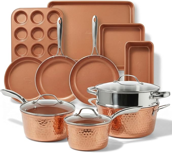 Gotham Steel Hammered 15 Pc Ceramic Cookware Set Nonstick, Induction Pots and Pans Set Non Stick with Bakeware Set & Steamer for Cooking, Non Toxic PFOA PFOS Free, Oven & Dishwasher Safe - Copper by GothamSteel