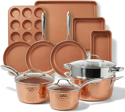 Gotham Steel Hammered 15 Pc Ceramic Cookware Set Nonstick, Induction Pots and Pans Set Non Stick with Bakeware Set & Steamer for Cooking, Non Toxic PFOA PFOS Free, Oven & Dishwasher Safe - Copper by GothamSteel
