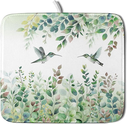 Giwawa Hummingbird Dish Drying Mat for Kitchen Countertop, Spring Summer Sage Green Eucalyptus Leaves Dish Drainer Mats, Herb Botanical Microfiber Dish Drying Pad Home Decor, 16"x18", Small