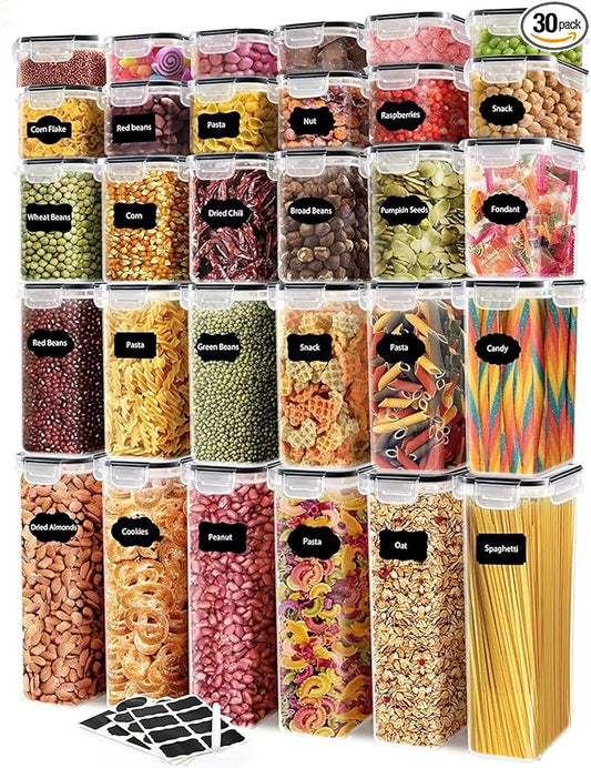 JUJOJB Airtight Food Storage Containers Set with Lids - 30 pack, BPA Free Plastic Kitchen and Pantry Organization, Plastic Leak-proof Canisters for Cereal Flour & Sugar - Labels & Marker