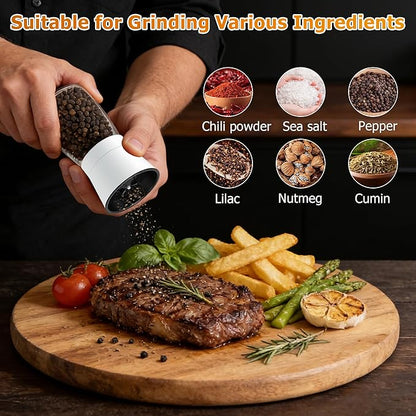 R DRURLCD White Salt and Pepper Grinder Set of 2, Manual Ceramic Spice Mills with Stainless Steel & Glass Body, Adjustable Grinding for Kitchen Decor & Gifts