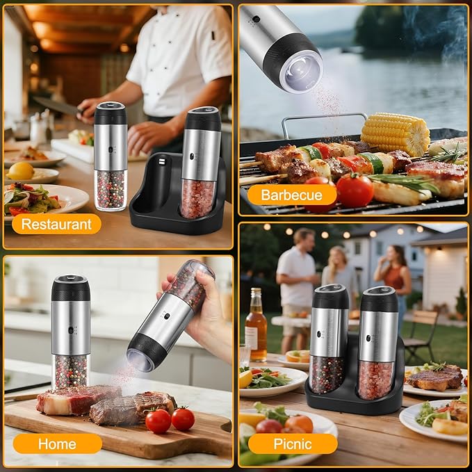 Rechargeable Gravity Electric Salt Grinder Set with Variable Grinding Speed, External Adjustable Coarseness,Charging Base and White LED Light,Stainless Steel - Image 8