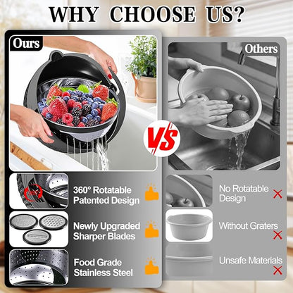 4-1 Colander with Bowl Set - Colander for Kitchen - Rotatable Strainers and Colanders(Patented) - Pasta Strainer - Bowl With Colander & New Upgraded Graters for Fruit Veggie, Kitchen Essentials, Black - Image 2