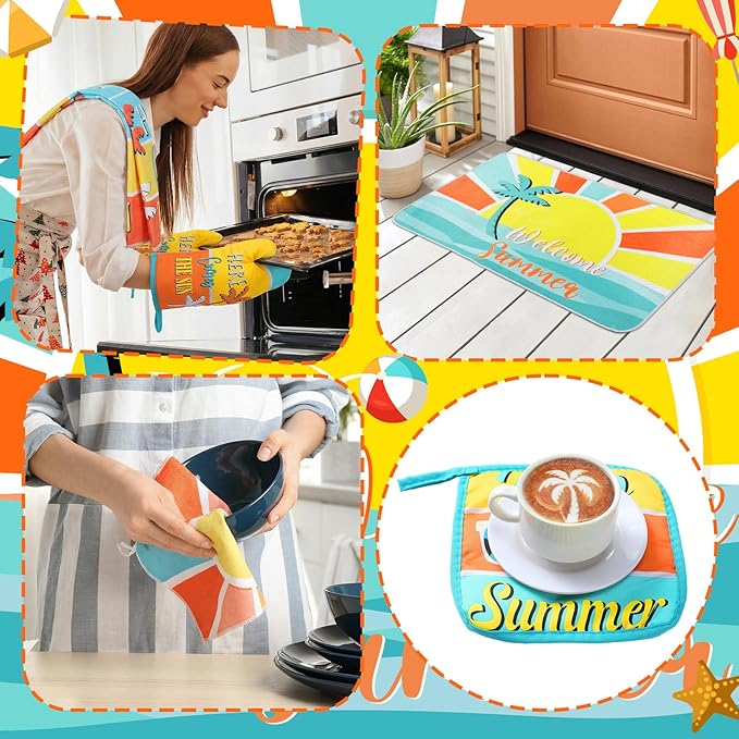 Fourluoo 10 Pcs Hello Summer Kitchen Decor and Accessories Sunshine Beach Oven Mitts and Pot Holders Set Sunglass Dish Towels Boho Kitchen Decor Palm Gloves for Baking Cooking Grilling BBQ Women Gift
