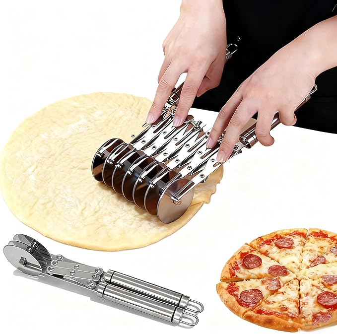 Wheel Pastry Cutter, Adjustable Pasta Cutter with Handle, Stainless Steel Dough Slicer for Noodles, Pizza, Brownies, Pie Crust, Multi-Tool for Baking & Cooking (7 Roller)