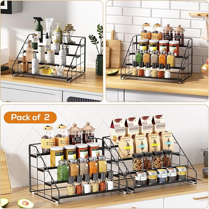 4 Tiered Spice Rack Organizer, 2 Pack Spice Rack Organizer for Cabinet, Tiered Adjustable Spice Shelf for Kitchen Countertop Pantry Organization (Carbon Black) - Image 5