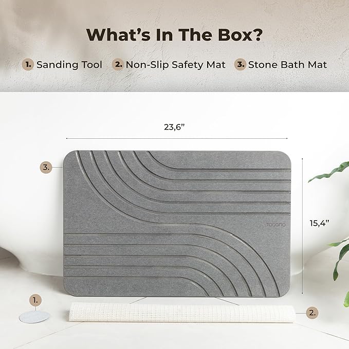 TOSORO - Stone Bath Mat Diatomaceous Earth Shower Mat Non-Slip Super Absorbent Diatomite Stone Bath Mats for Bathroom Floor Quick Drying Natural Easy to Clean (23.5 x 15) - Graphite, 2pcs