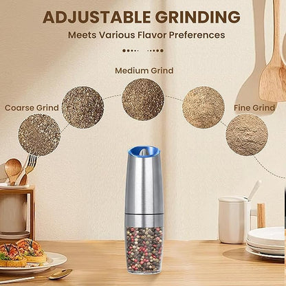 Gravity Electric Salt And Pepper Grinder, Automatic Salt And Pepper Grinder, Battery Powered (6 AAA Batteries Each), Adjustable Roughness, LED Light, 1 Pack, (Silver) - Image 3