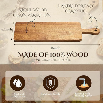 Nuenen 10 Pcs Wood Cutting Board with Handle 16.1 x 4.7 Inch Acacia Bamboo Wooden Serving Kitchen Chopping Boards for Pizza, Bread, Cheese, Charcuterie, Fruit, Vegetables(Narrow Acacia) - Image 2