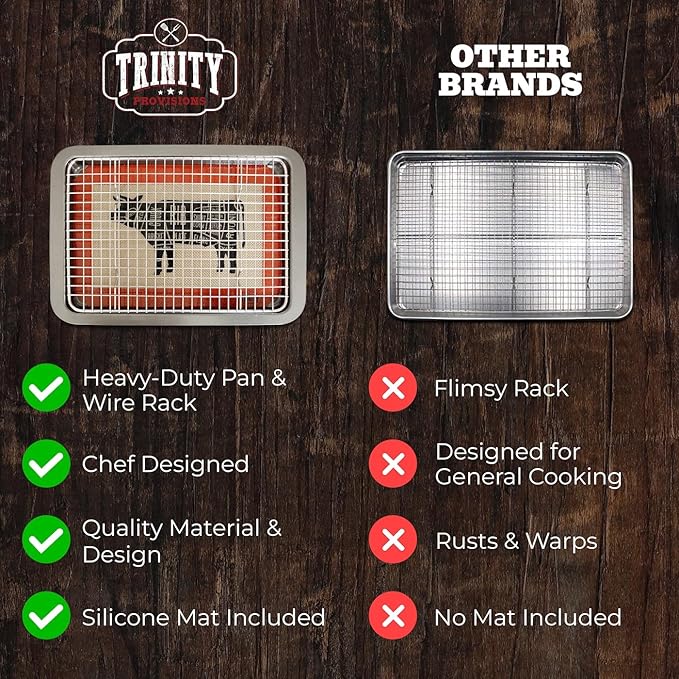 Trinity Provisions Large Meat Resting Pan - With Wire Rack and Silicone Baking Mat - Dishwasher and Oven Safe Stainless Steel, for Cooking and Cooling Steak, BBQ, Bacon, & More