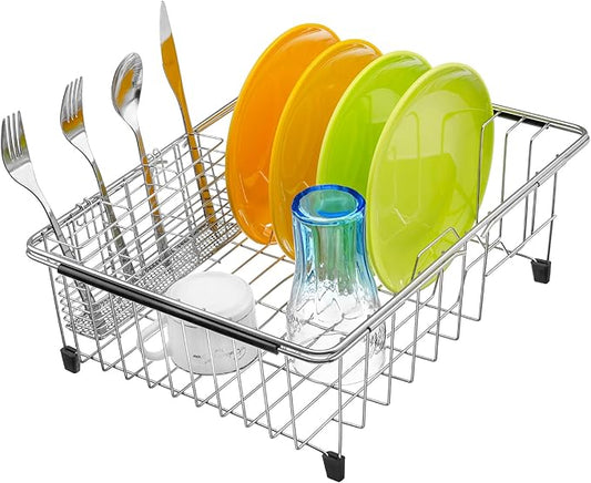 iPEGTOP Expandable Dish Drying Rack Over Sink, Rustproof Stainless Steel Basket Shelf, Multifunctional Dish Drainer Organizer with Utensil Cutlery Holder