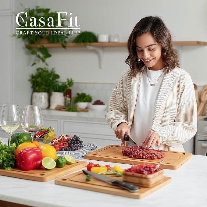 3-Piece Organic Bamboo Cutting Board Set for Kitchen - Carbonized Extra Sturdy Chopping Boards with Juice Grooves - Knife-Friendly Multi-Size (15", 12", 9") for Meat & Veggies - Housewarming Gift Box - Image 9