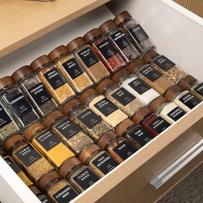 Yangbaga 34Pcs Glass Spice Jars with Labels-4oz Acacia Wood Lid Square Spice Containers with Pepper Grinder Lids &Funnel,Seasoning Jars for Rack Cabinet Drawer - Image 7