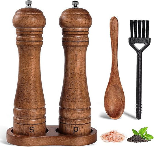 DEBETOOL Wooden Salt and Pepper Grinder Set with Stand - 8-inch Oak Wood Salt Mill Pepper Grinder Set, Adjustable Ceramic Core, 2 Pepper Mills + Wooden Spoon & Cleaning Brush (Kitchen Essential) by DEBETOOL