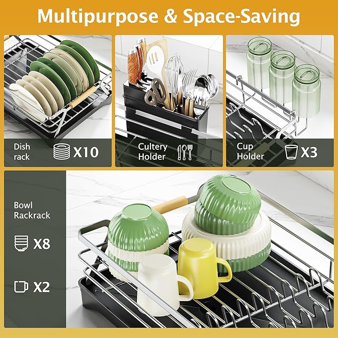 Epicano Dish Drying Rack for Kitchen Counter,Space-Saving Dish Rack,Rustproof Dish Drainer with Utensil Holder and Knife Slots for Sink,Kitchen Drying Rack with Wooden Handle and Cup Holder, Silver - Image 2