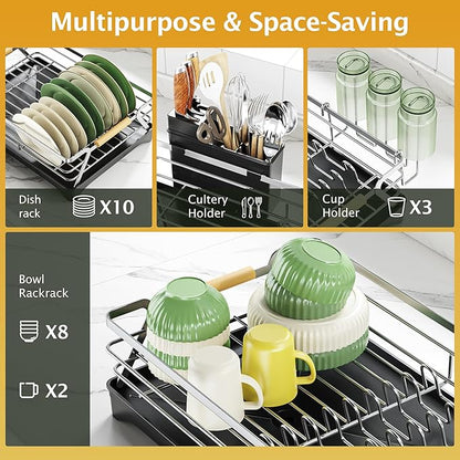 Epicano Dish Drying Rack for Kitchen Counter,Space-Saving Dish Rack,Rustproof Dish Drainer with Utensil Holder and Knife Slots for Sink,Kitchen Drying Rack with Wooden Handle and Cup Holder, Silver - Image 2